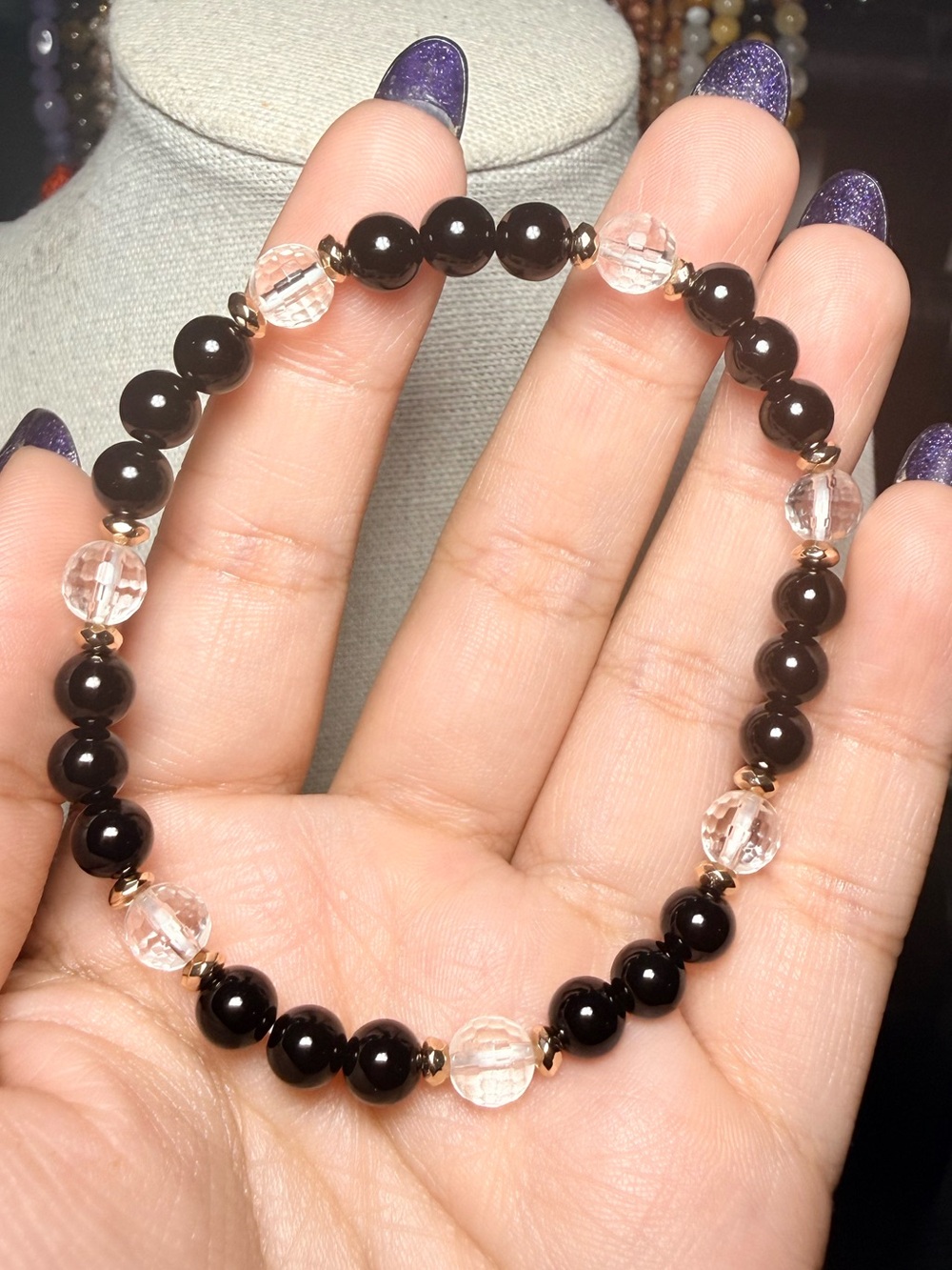 6mm Black Onyx & Clear Quartz Bracelet with Gold Hematite
